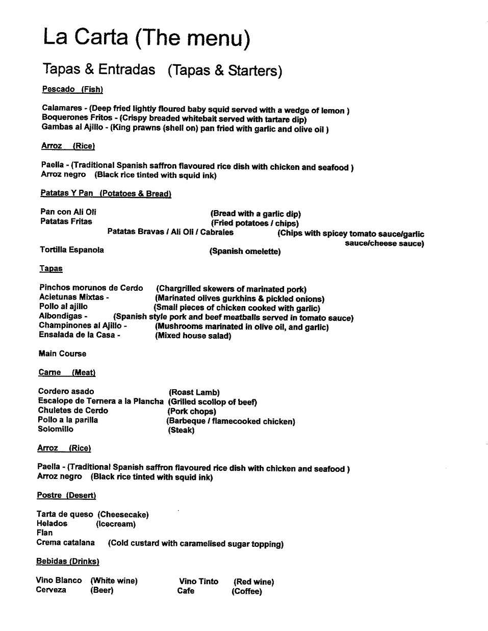 Spanish Menu Example